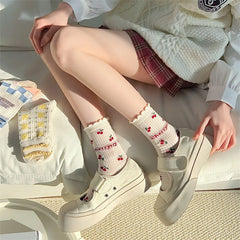Lbsfy Summer Cherry Print Socks Female Thin Mesh Socks Students Girls Cute Kawaii Harajuku Socks For Girls Gift Streetwear Ruffle Soks