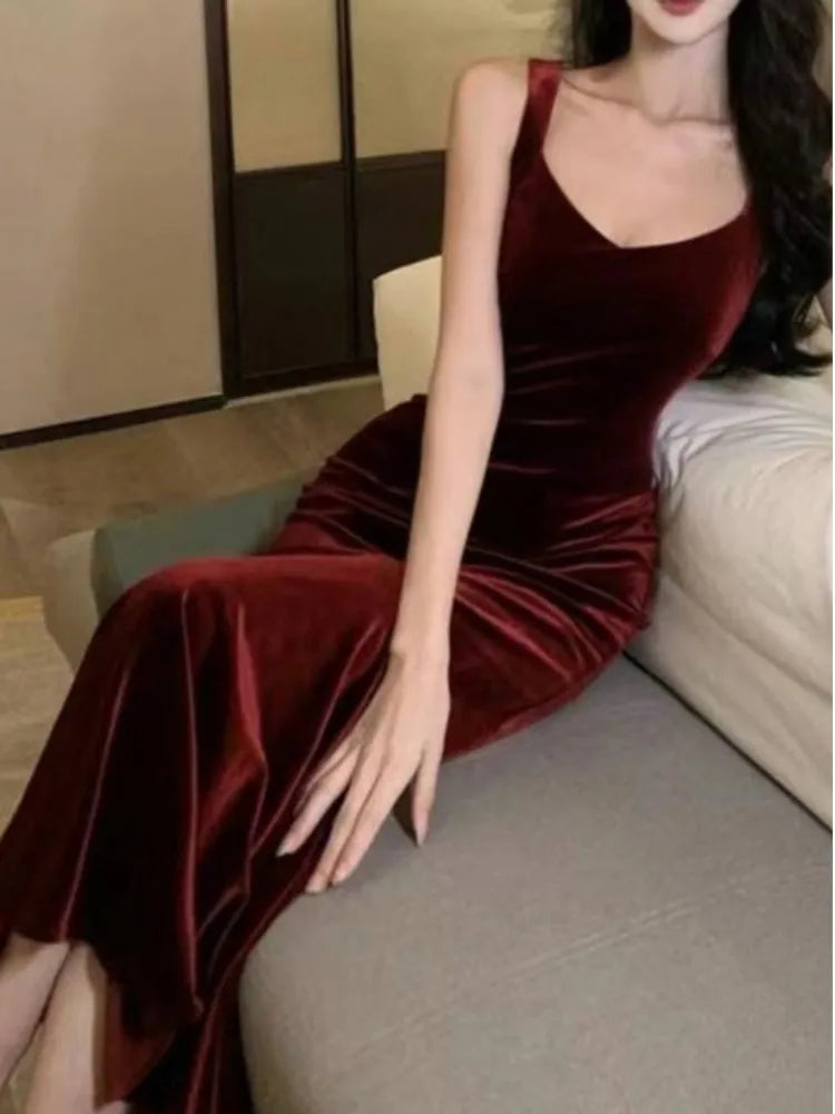 LBSFY -Vintage Elegant Wine Red Long Mermaid Dresses Fashion Women's V-Neck Solid Slim Waist Evening Party Sling Robe New 2025 Summer
