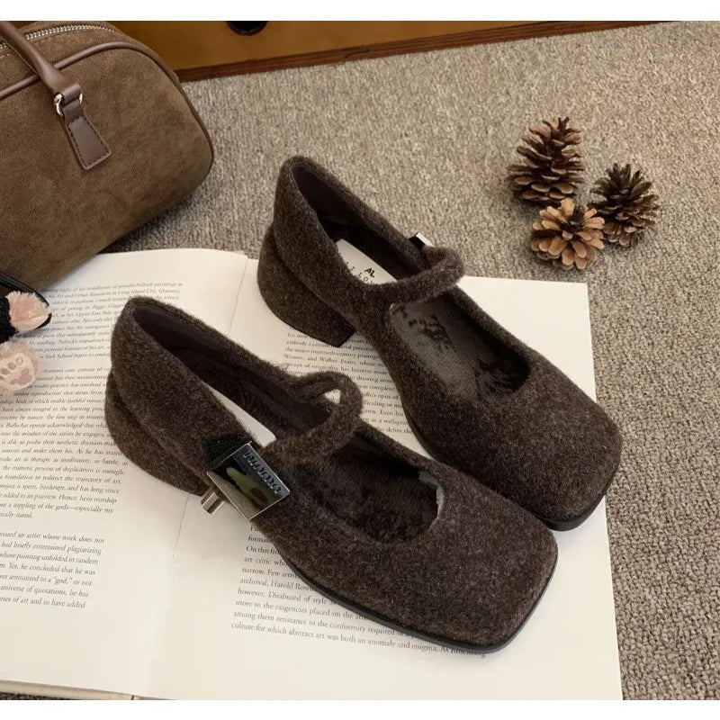 LBSFY -Spring Autumn Women's Luxury Party Shoes Medium Heel Retro Square Toe Velvet Mary Jane Shoes Flat Square Buckle Single Loafers
