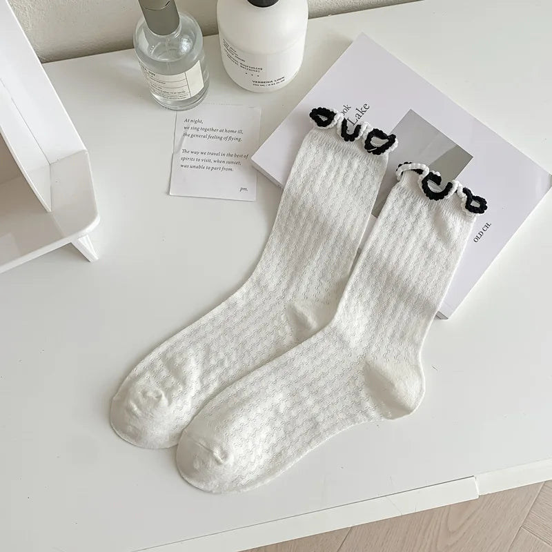 Lbsfy 4 Pairs Women's Lettuce Trim Socks Cute Bow Embroidery Breathable Socks Ankle Length Stacked Socks for Summer Streetwear