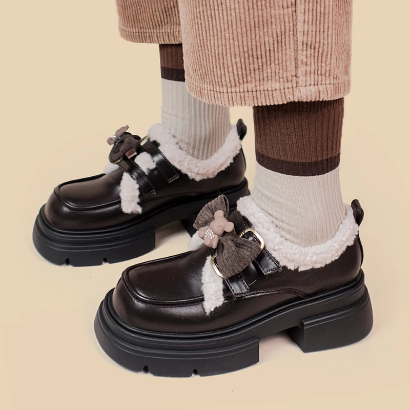 LBSFY  -   Cute Girls Uniform Chunky Princess Shoes Female Women Brown Platform Pumps Retro Loafers Winter Warm Plush Shoes