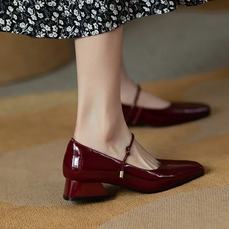 LBSFY -Elegant High Heels French Dress Party Shoes for Woman Platform Patent Leather Mary Jane Burgundy Black Square Toe Mid-heel Pumps