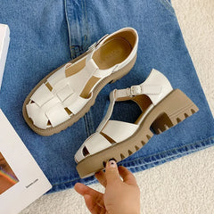 LBSFY  - Women Shoes 2024Summer New Roman Sandals Leather Fashion Retro Thick Heel High Heel Buckle Strap Heels Women Casual