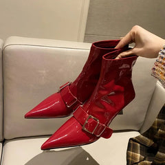 LBSFY -Design Sexy Pointed Toe Belt Buckle Women Ankle Boots Thin Heels Patent Leather Autumn Zipper Party Shoes