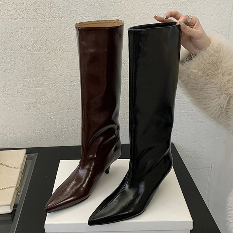 LBSFY -Winter New Fashion Knee-High Boots Women Pointed Toe Elegant Thin Low Heel Casual Ladies Pumps Shoes Long Botas Mujer