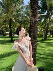 LBSFY -Women V Neck Backless Evening Party Dress Summer Beige Sweet Temper French Fairy Sundresss Fashion Clothing Vestido