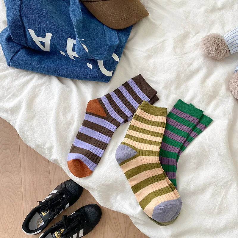 Lbsfy Socks Women Autumn Spring Winter Korea Style Harajuku Street Sport Cotton Stripes Casual Skateboard Mid-tube Sock For Girls Gift