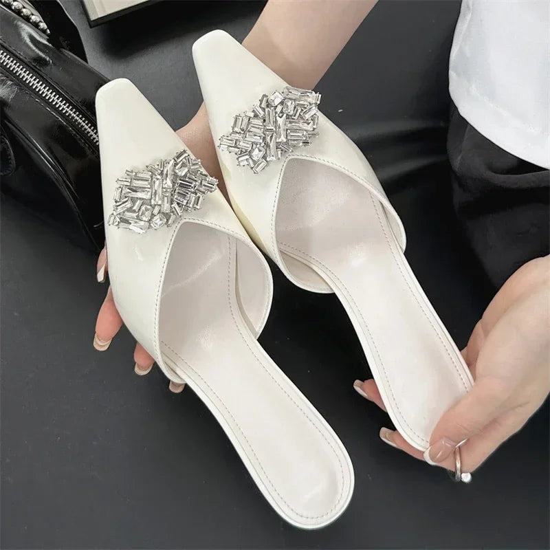 LBSFY -Rhinestone Pointed Toe Women Slippers Mule Shoes Elegant Spring Summer High Heels Zapatos De Mujer