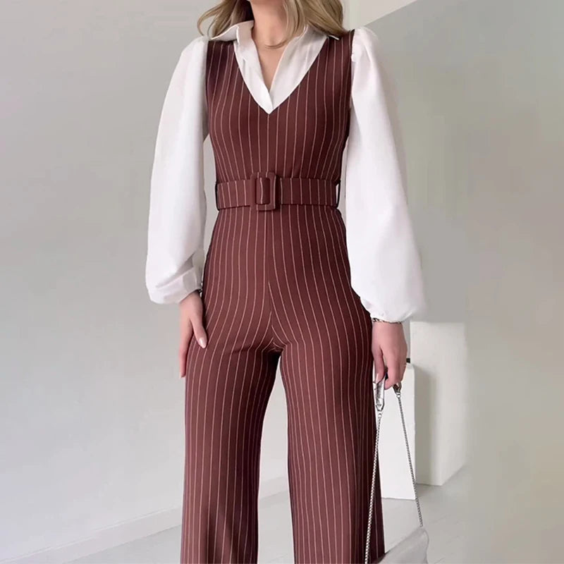 LBSFY  -  Vintage Hollow Out Sleeveless Belt Rompers Office Fashion Slim Long Pants Vest Playsuit FemaleV Neck Striped Straight Jumpsuit