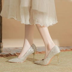 LBSFY  -  Size 30-44 Gold Wedding Shoes Women Stiletto Heel Pointed Toe Sequin Bride High-heeled Shoes
