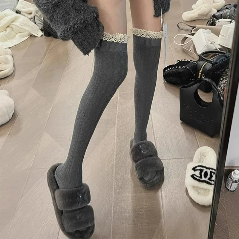 Lbsfy Lolita Lace Up Long Knee Socks for Women Over Knee Thigh High Stockings Spring Autumn Fashion Girls Warm Sexy Cotton JK Tights