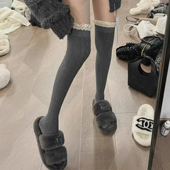 Lbsfy Lolita Lace Up Long Knee Socks for Women Over Knee Thigh High Stockings Spring Autumn Fashion Girls Warm Sexy Cotton JK Tights