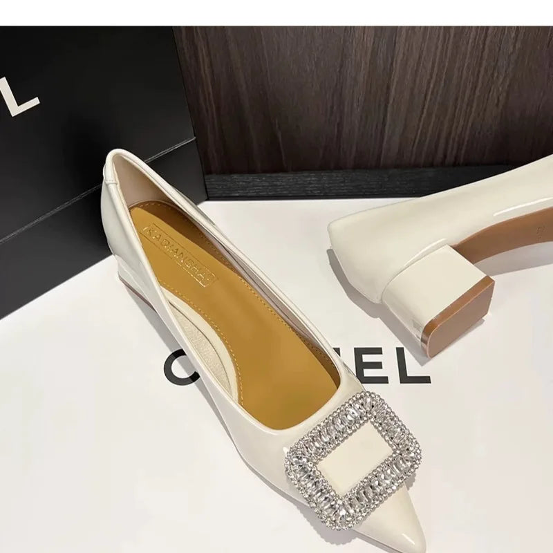 LBSFY -New Style Luxury Women's Fashion Metal Crystal Splice Women Pumps Kitten Thick Heel Elegant Party Ladies Shoes Zapatos De Mujer