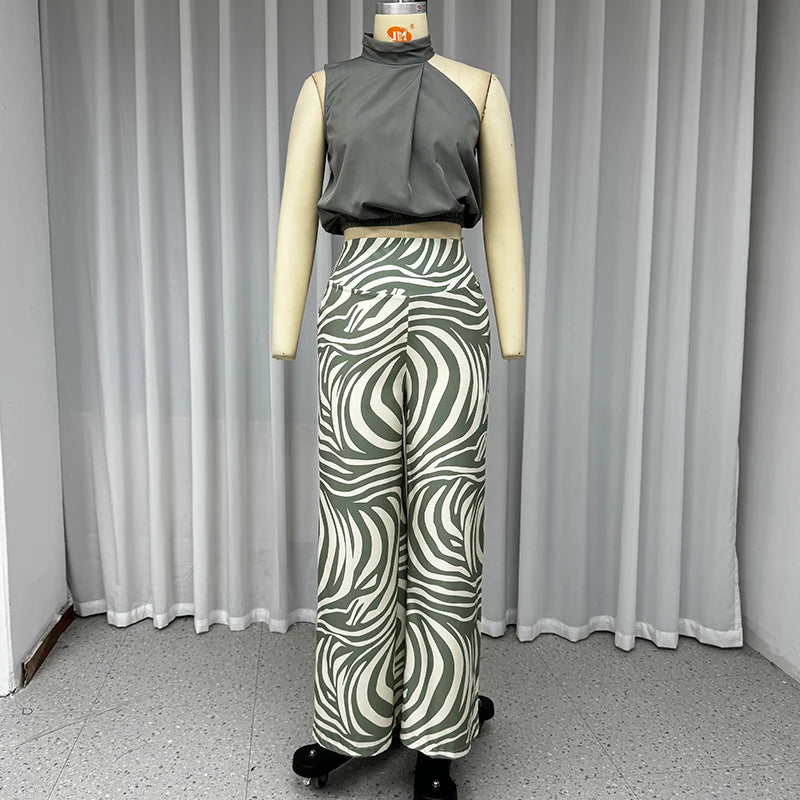 LBSFY  -  Women Two Piece Set Summer Casual Solid Halter Neck Sleeveless Irregular Top Printed Loose With Pockets Panst Sets