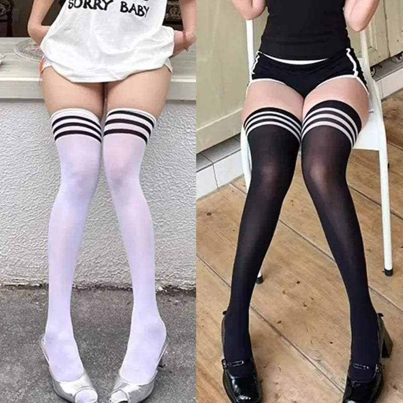 Lbsfy Black White Striped Long Socks Women Thigh High Socks Over The Knee Stockings Japanese Lolita Ladies Girls Knee High Socks
