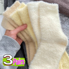 Lbsfy 1/3Pairs Solid Cozy Hairy Mink Velvet Socks Women Autumn Winter Hosiery Thicken Warm Sleep Bed Floor Home Fluffy Kawaii Sock