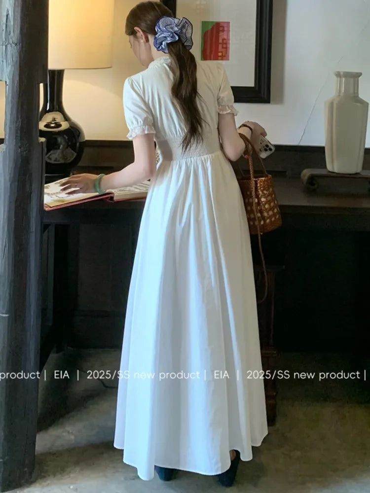 LBSFY -French Elegant Lace Long Dress Summer V-Neck Puff Sleeve Single Breasted Woman Dresses Office Lady Casual 2025 New Vestidos