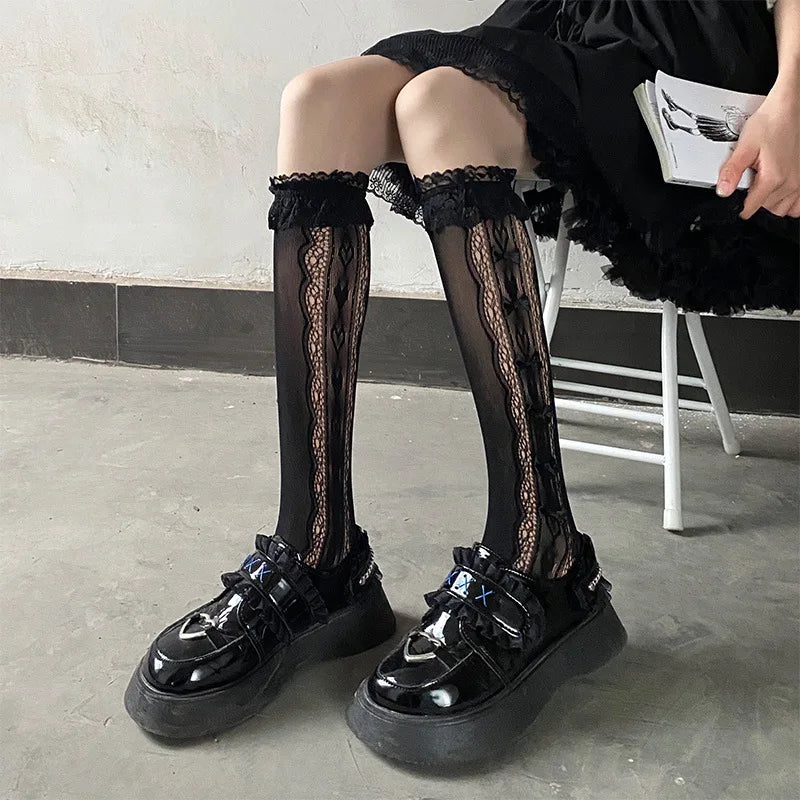 Lbsfy Solid Color Bowknot Hollow Lace Stockings Woman Summer Middle Tube JK Lolita Cute Socks Black White Fishnet Stockings for Women