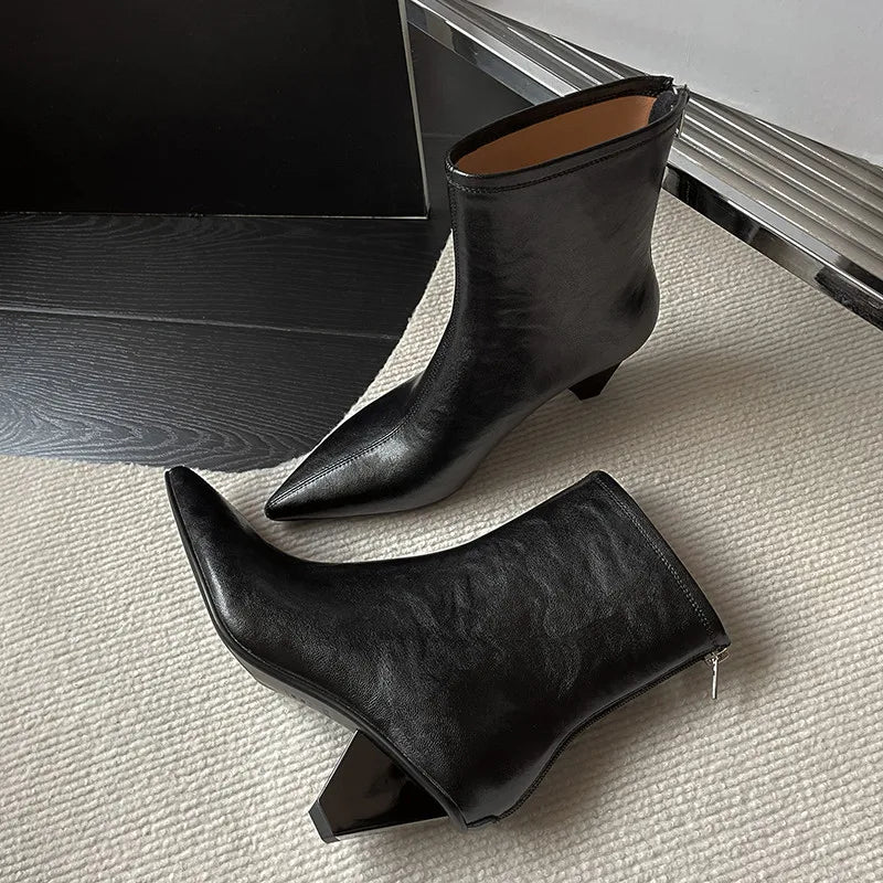 LBSFY  -  Fashion Short Boots Women's New High Quality Genuine Leather Pointed Head Cone Heel Boots Commuter Calf Ankle Boots