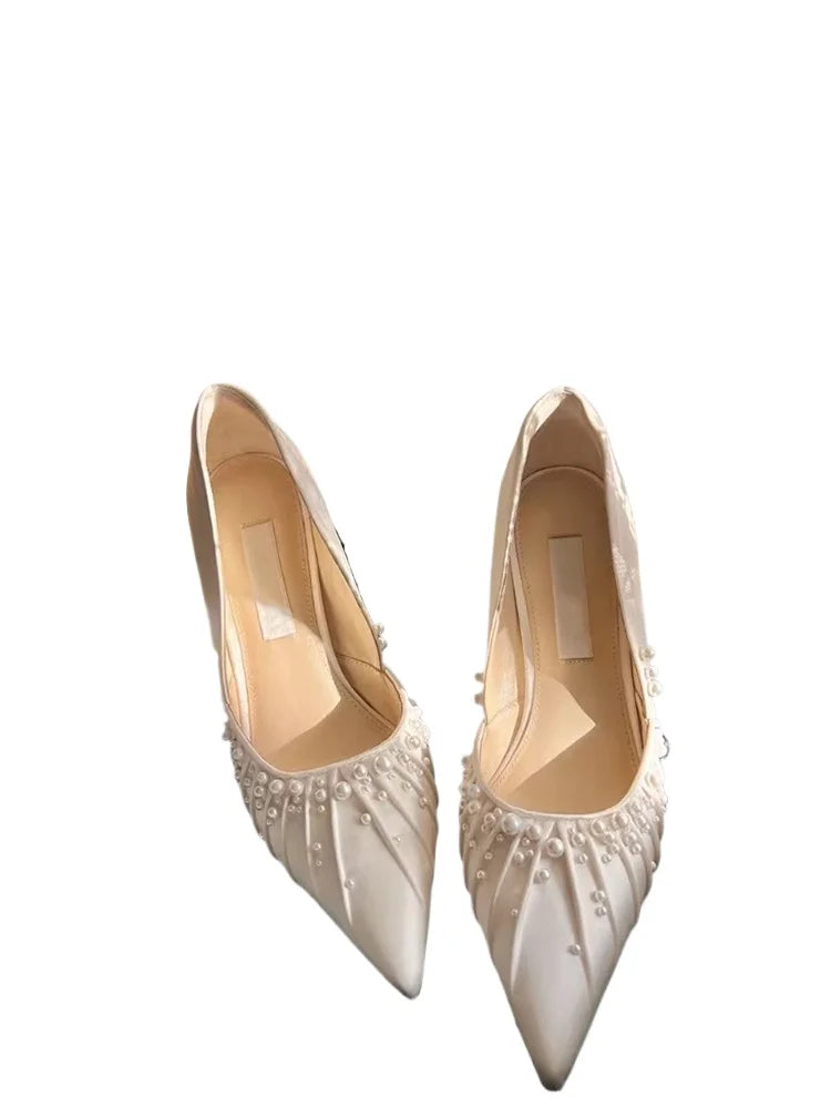 LBSFY  -  2024 Spring and Autumn New Pointed Shallow Mouth High Heels Women's White Pleated Pearl Bridesmaid Bridal Wedding Shoes