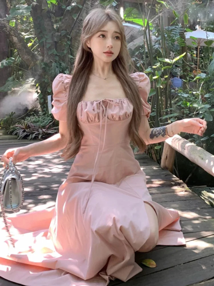 LBSFY -Korean Summer Elegant Fashion Women's Dresses Puff Sleeves Square-Collar Vintage Folds Split Lace Up Long Dress 2025 Vestidos