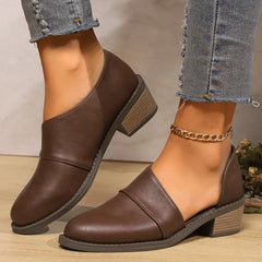 LBSFY -Women's Chic Pointed Toe Low Top Chunky Heel Shoes Side Cut Out Design Oxford Shoes Casual Open-toe Low-heeled Leather Shoes