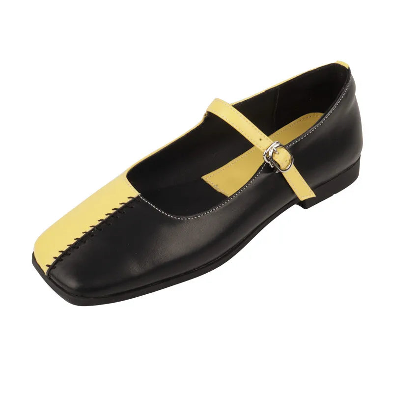 LBSFY  -  Fashionable Women's Shoes New High Quality True Leather Color Block Mary Jane Shoes Square Head Low Heel Flat Shoes