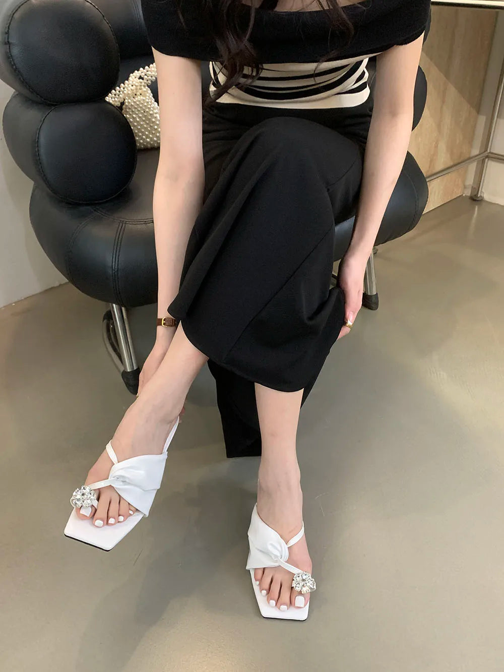 LBSFY  -  Clip Toe Women Slippers Summer Outside Mules Shoes Thin High Heels Party Pumps Casual Black Gold White Crystal Rhinestone Pumps