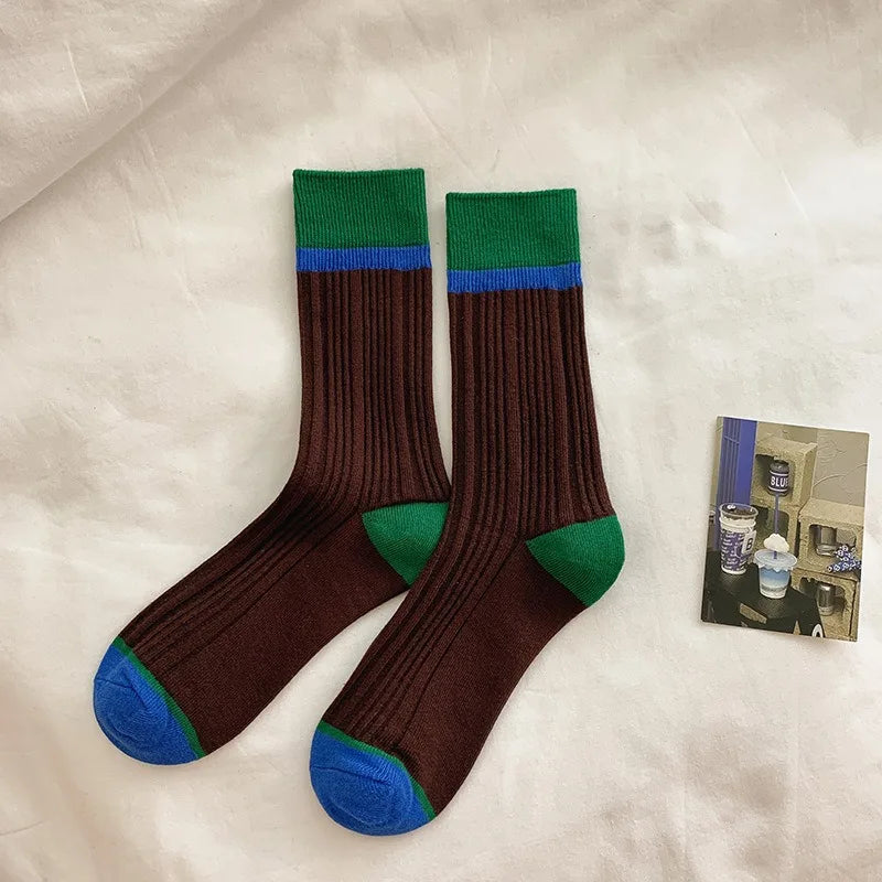 Lbsfy Fashionable Colorblocking Middle Tube Socks Girls Color Contrast Crew Sock Ins Popular Women's Socks Trendy Long Socks Woman