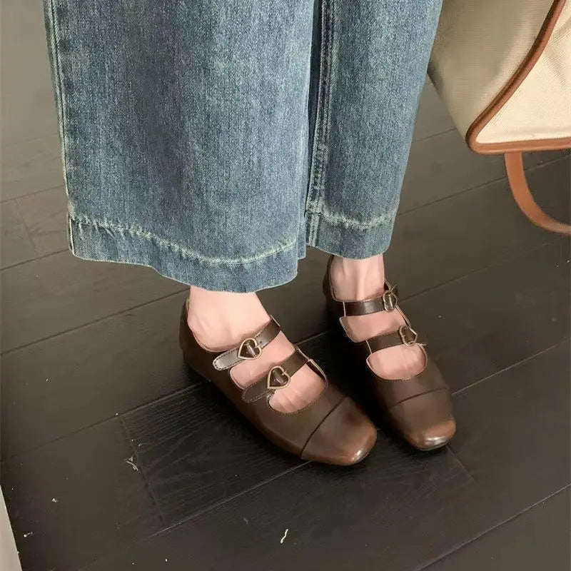 LBSFY  -   Ballerinas Zapatos Mujer Round Toe PU Leather Buckle Mary Janes Shoes Brown Ballet Flats