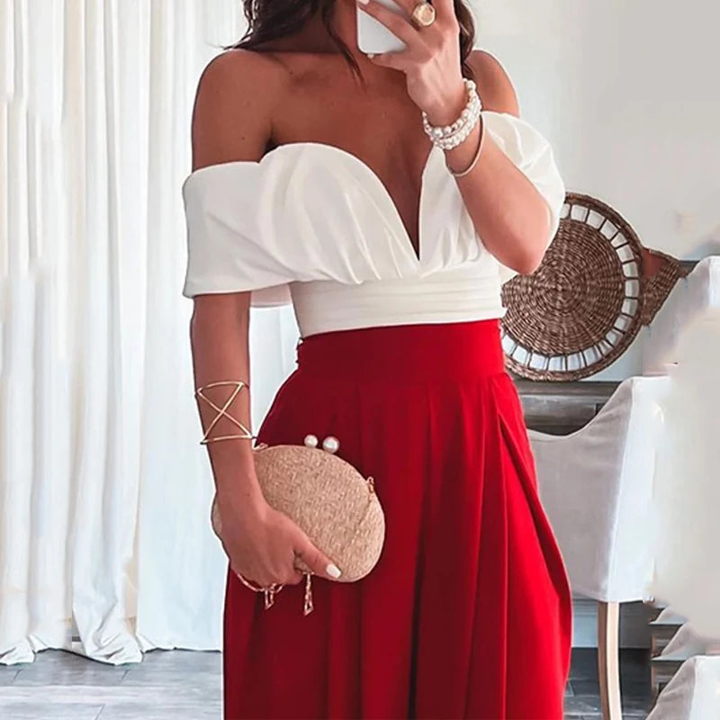 LBSFY  -  Women Two Piece Set Summer Fashion Strapless V Neck Short Sleeve Backless White Top Loose Pants Sets High Streetwear