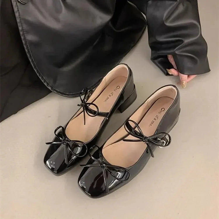 LBSFY -French Elegant Butterfly Knot Thick Heel Mary Janes 2025 New Style for Evening Wear Red Women's Single Shoes Casual Loafers