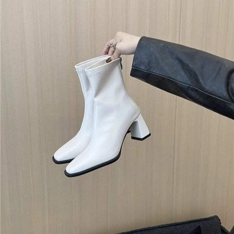LBSFY -New Style Fashion Women's Autumn Cow Leather Retro Square Toe Zipper High Heels Ankle Boots Square Heel All Match Women Shoes