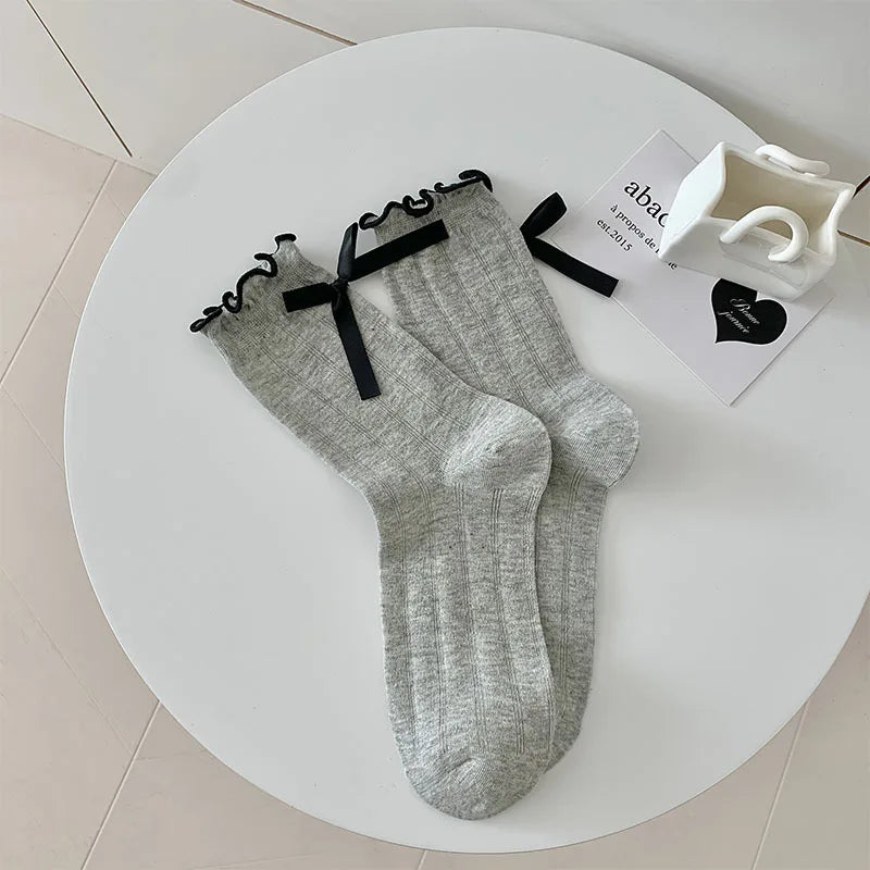 Lbsfy Lolita Sweet Style Ruffle Socks Women's Summer Thin Midtube Short Sock Bow Stockings Korean Street Fashion Calcetines Girls Gift