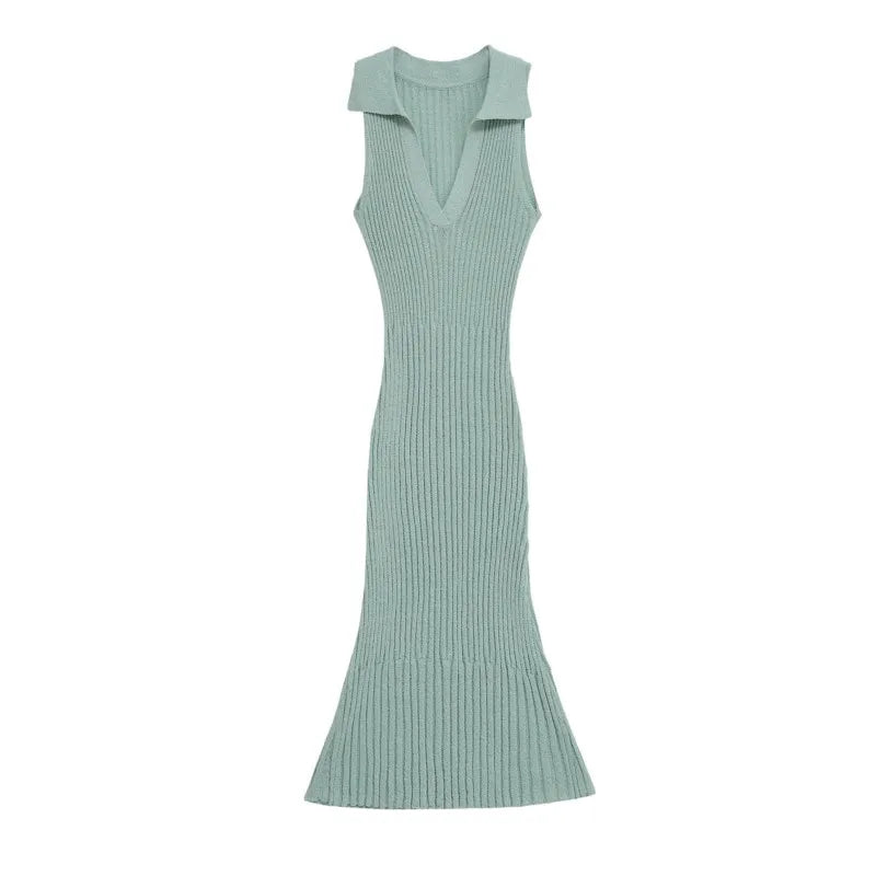 LBSFY -fit V-neck sleeveless long dress turn down collar tight green knitting summer dress simple casual female clothing
