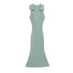 LBSFY -fit V-neck sleeveless long dress turn down collar tight green knitting summer dress simple casual female clothing