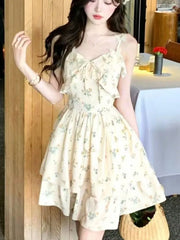 LBSFY -Elegant French Floral Mini Women's Dress V-Neck Ruffles Print Spaghetti Strap Dresses Summer Holiday Beach Festival Clothes