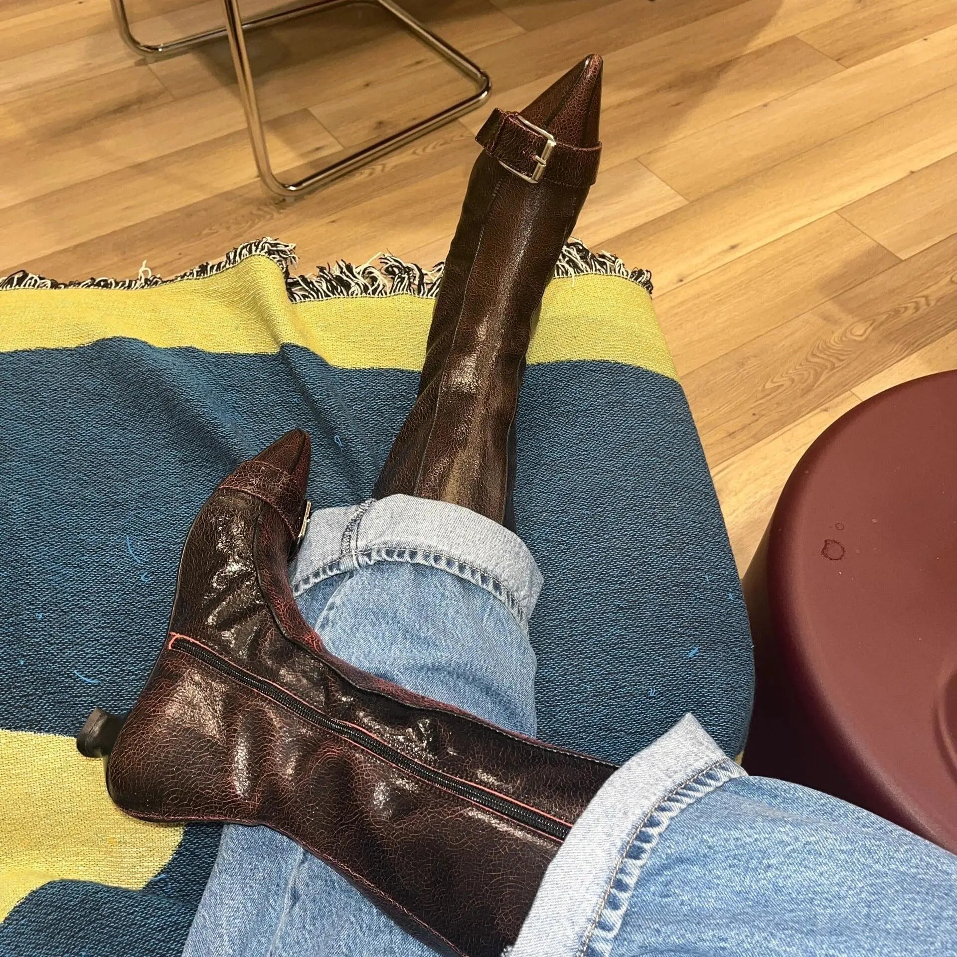 LBSFY  -  Retro Belt Buckle Long Tube Boots for Women with Thick Heels and Pointed Side Zippers, Slimming and Versatile Fashion Boots