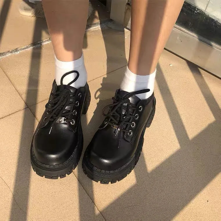 LBSFY  -  Thick Soled Small Leather Shoes Summer Black American Mary Jane Shoes Women's Lace Up Spicy Girl Sponge Cake Shoes British Style