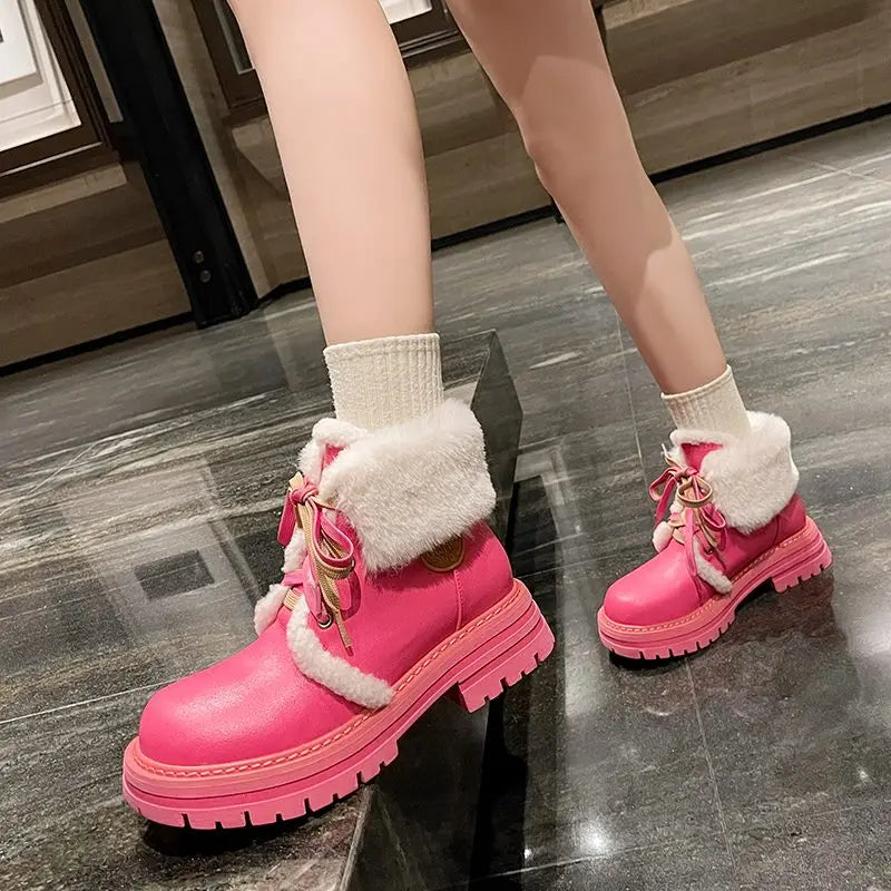 LBSFY  -   Genuine Leather Snow Boots Women Lace Up Solid Color Thick Fur Warm Winter Boots Ladies Fashion Ankle Boots Shoes