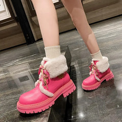 LBSFY  -   Genuine Leather Snow Boots Women Lace Up Solid Color Thick Fur Warm Winter Boots Ladies Fashion Ankle Boots Shoes