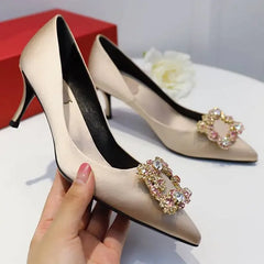 LBSFY  -  Luxury Rhinestone Pointed Toe Women Pumps Elegant Crystal Wedding Bridal Shoes Satin Silk Square Button Design Mules High Heels
