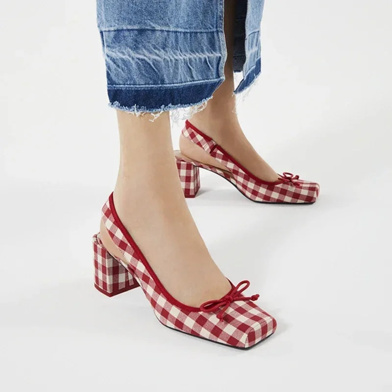 LBSFY  -  New DesignWomen Chunky Heeled Sandals Retro SquareToe Mary JanesPumpsSlingbacks Spring Summer High Heels Baotou Plaid Shoes