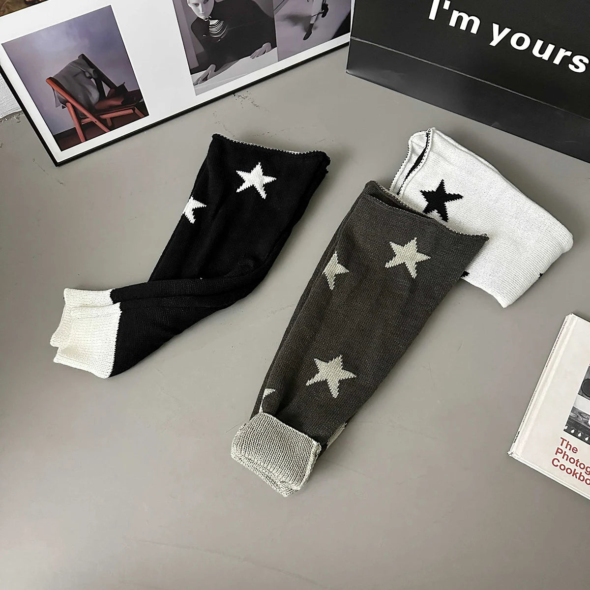 Lbsfy Y2k Star Pattern Knitted Leg Warmers Gothic Loose Leg Cover Sock Girls Winter Casual Leg Protector Stocking JK Thigh High Socks