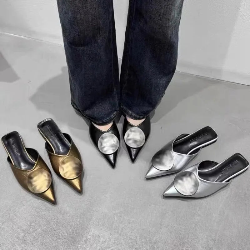 LBSFY -New Women Slippers Designer Flat Sandals Summer Slides Non-slip Metallic Color Fashion Footwear Brand Pointed Toe Mules Ladies