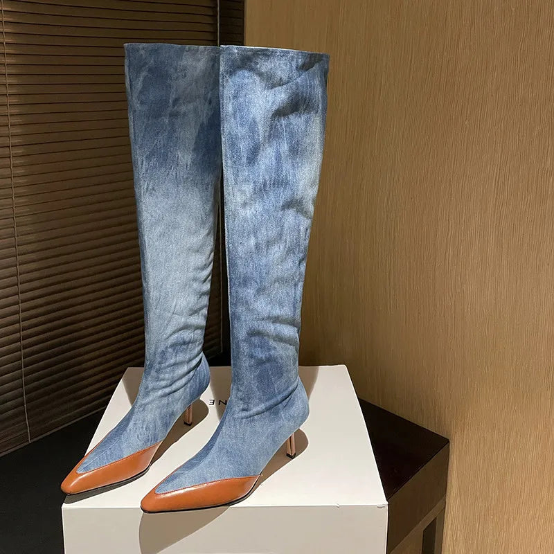 LBSFY  -  Fashion Knee-High Women Boots New High Quality Denim Boots Pointed Toe Wide Tube High Heel High Boots Street Hot Girl