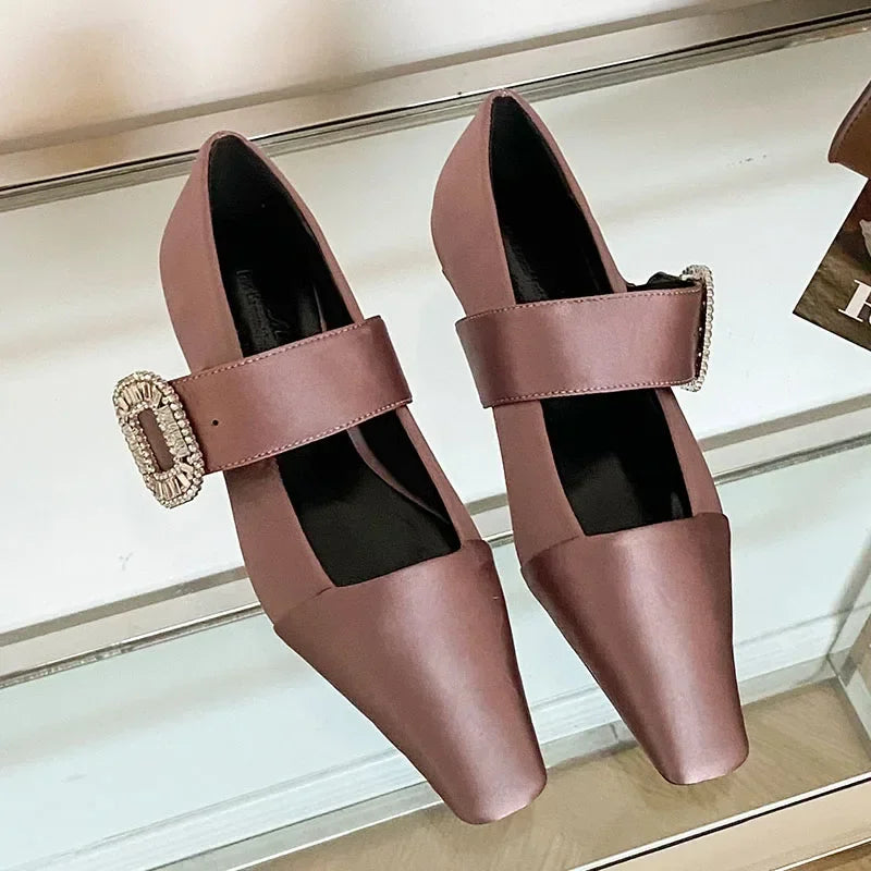 Lbsfy Luxury Silk Designer Women Shoes Crystal Buckle 2025 New Footwear Female Brand Mary Janes Shoes Comfy Low Heel Dress Shoes Women