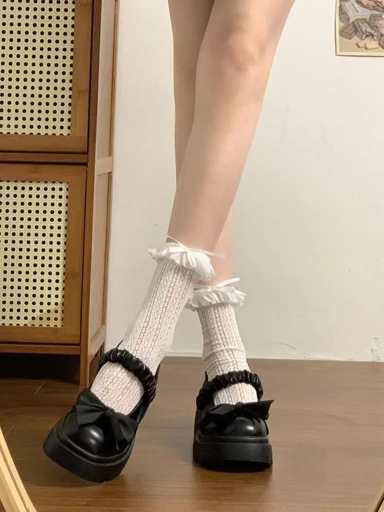 LBSFY -Japanese Style bowknot JK Thick Heel Mary Jane Women's Shoes Summer Vintage French Slip-On PU Leather Chunky Cosplay Pumps