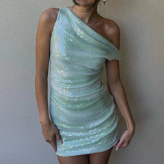 LBSFY  -  Sexy Sleeveless Banquet Short Dress Elegant Glitter Sequins Pleat Wrap Hip Dress Women Fashion Hight Waist Slim Club Party Dress