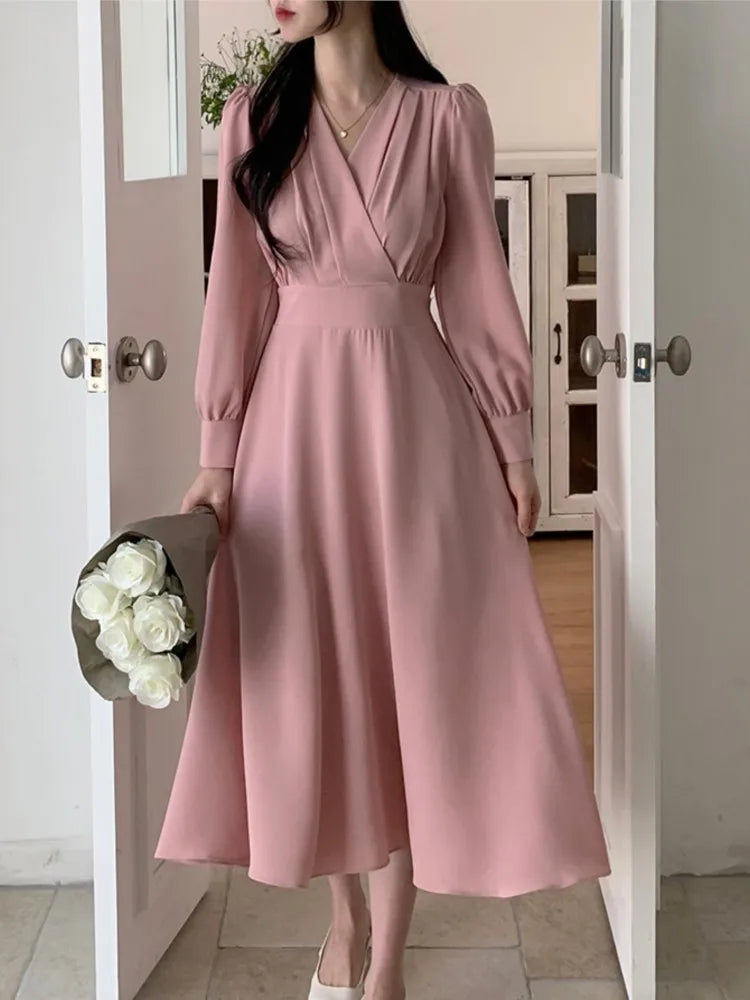 LBSFY -Korean Solid Midi Dresses for Women Fashion V-neck Long Sleeve A-line Solid Casual Dress Office Lady Clothing 2024 Autumn New